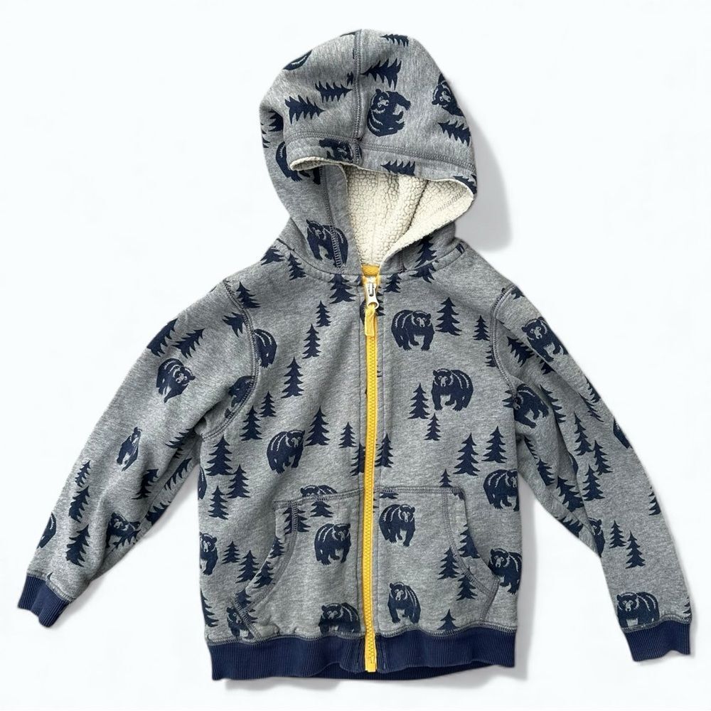 Hanna Andersson Bear Print Sherpa Hoodie Gray Zip Jacket Size 5 110